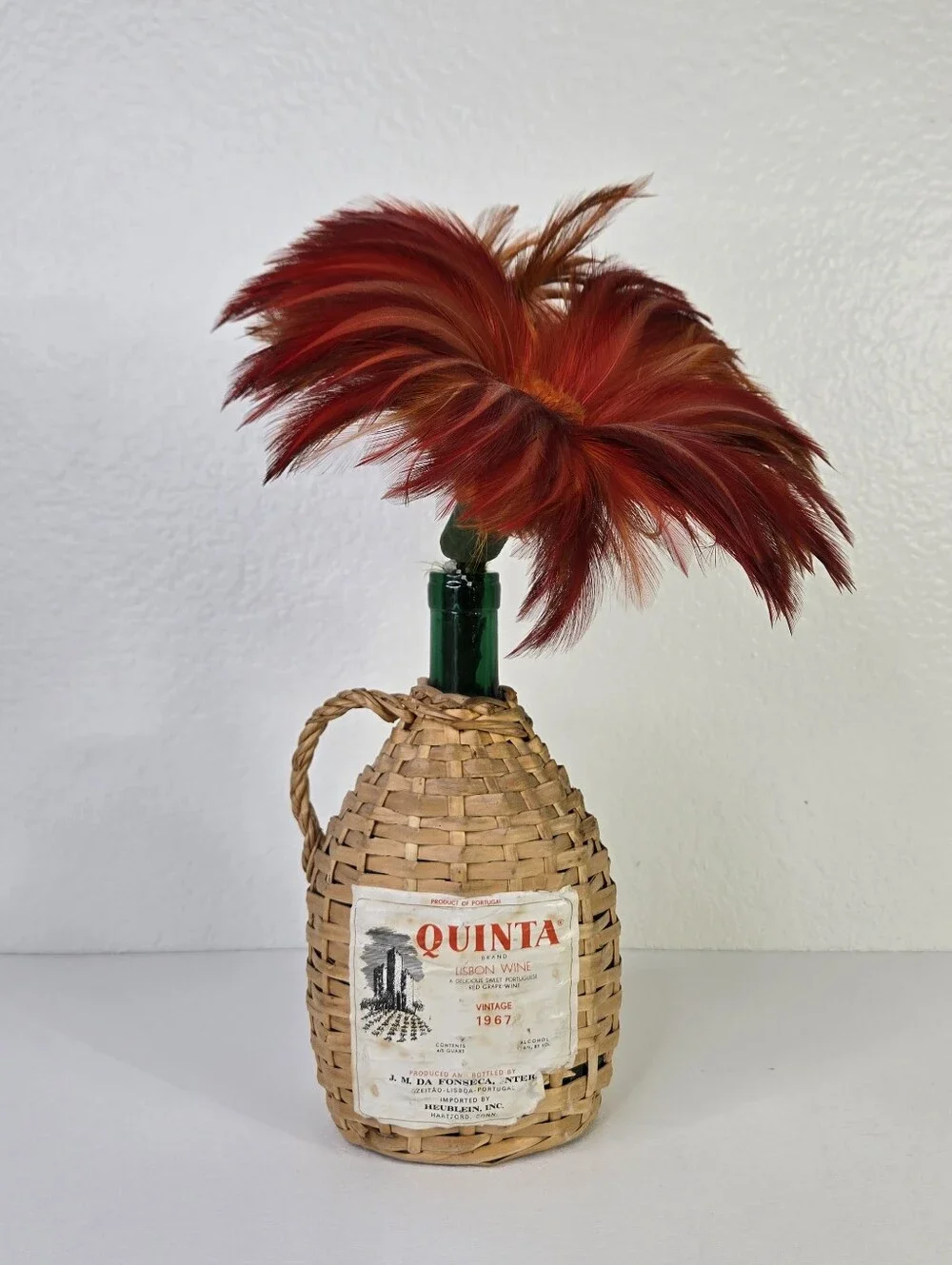 VTG Quinta Lisbon Wine Bottle Green Glass Wicker Wrapped Portugal 1967 Decor